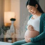 Immagine evocativa di una donna incinta cinese sorridente che si tocca dolcemente il pancione, in un ambiente luminoso e sereno. Accanto a lei, in sovrimpressione discreta, elementi grafici che richiamano dati e curve di crescita (come un nomogramma stilizzato). 35mm portrait, depth of field, luce naturale morbida.