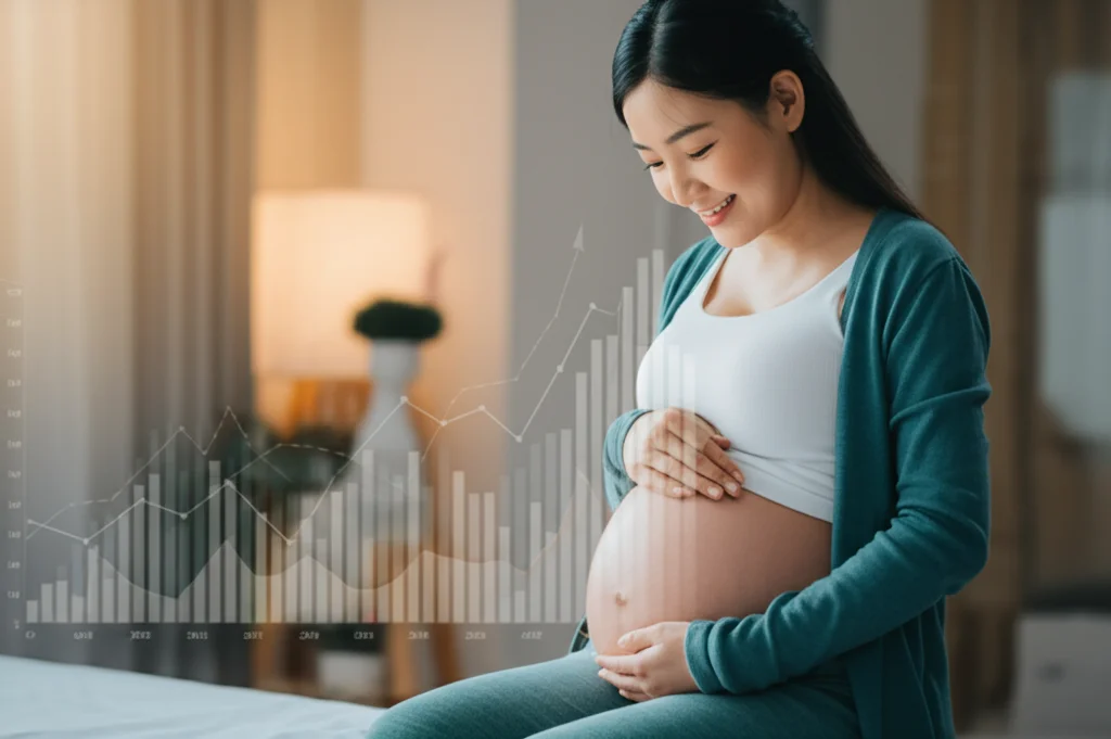 Immagine evocativa di una donna incinta cinese sorridente che si tocca dolcemente il pancione, in un ambiente luminoso e sereno. Accanto a lei, in sovrimpressione discreta, elementi grafici che richiamano dati e curve di crescita (come un nomogramma stilizzato). 35mm portrait, depth of field, luce naturale morbida.