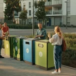 Immagine fotorealistica dall'alto di un quartiere urbano pulito e verde, con residenti sorridenti che interagiscono vicino a moderni contenitori per la raccolta differenziata ben organizzati. Luce calda del tardo pomeriggio, obiettivo grandangolare 24mm, colori saturi, senso di comunità e sostenibilità.