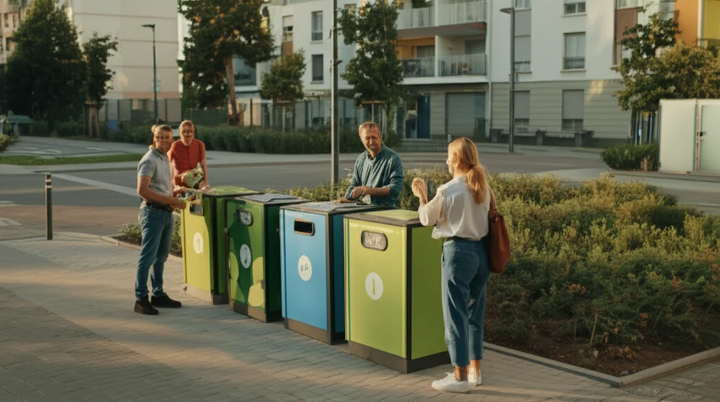 Immagine fotorealistica dall'alto di un quartiere urbano pulito e verde, con residenti sorridenti che interagiscono vicino a moderni contenitori per la raccolta differenziata ben organizzati. Luce calda del tardo pomeriggio, obiettivo grandangolare 24mm, colori saturi, senso di comunità e sostenibilità.