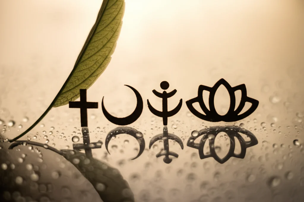 Immagine simbolica della spiritualità multiculturale: una composizione astratta con elementi naturali come una foglia delicata e gocce d'acqua su una superficie riflettente, accanto a simboli stilizzati di diverse fedi (es. mezzaluna, stella, croce, fiore di loto) fusi insieme in modo armonioso. Luce soffusa, quasi mistica, che crea un'atmosfera pacifica. Fotografia still life, obiettivo macro 100mm, alta definizione, colori tenui e caldi.