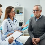 Medico oncologo discute i risultati di un trattamento con un paziente maschio anziano in uno studio medico luminoso, obiettivo prime 35mm, profondità di campo, atmosfera empatica e professionale, colori naturali.