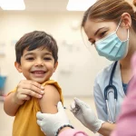 Un bambino sorridente riceve una vaccinazione antinfluenzale al braccio da un'infermiera gentile in un ambulatorio pediatrico luminoso e accogliente, obiettivo prime 35mm, profondità di campo che sfoca leggermente lo sfondo creando un'atmosfera positiva.