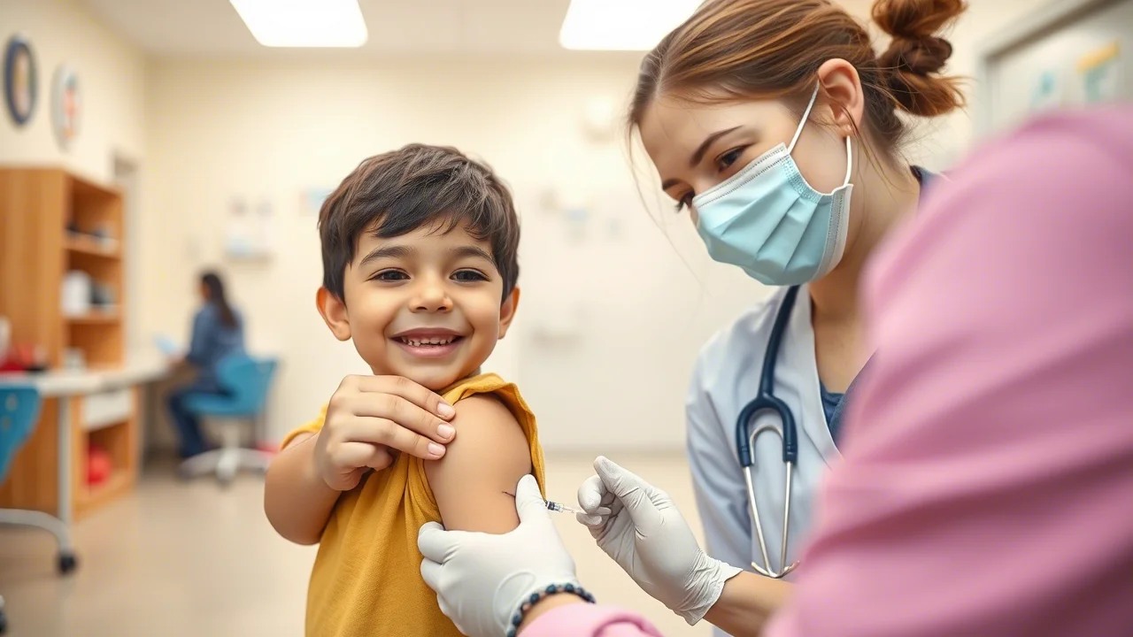 Un bambino sorridente riceve una vaccinazione antinfluenzale al braccio da un'infermiera gentile in un ambulatorio pediatrico luminoso e accogliente, obiettivo prime 35mm, profondità di campo che sfoca leggermente lo sfondo creando un'atmosfera positiva.