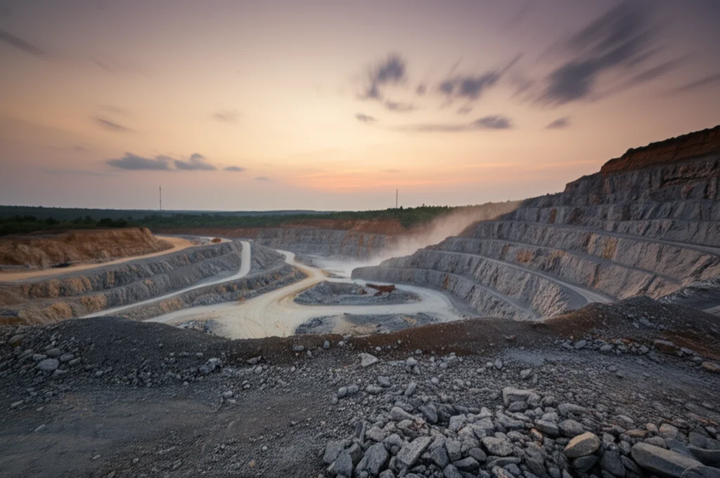 Ampia veduta paesaggistica di una cava di granito attiva in Nigeria al tramonto, macchinari pesanti visibili in lontananza, obiettivo grandangolare 18mm, esposizione lunga per catturare il movimento residuo della polvere e le nuvole soffuse, colori caldi del tramonto contrastanti con la roccia grigia e le aree scavate, messa a fuoco nitida sull'intera scena per un effetto drammatico.