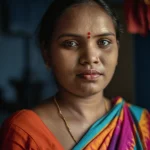 Fotografia di ritratto ravvicinata, lente da 35 mm, di una giovane madre di speranza del Bangladesh che guarda verso il futuro, la luce naturale morbida, la profondità di campo, che simboleggia la salute materna e il benessere in Bangladesh.