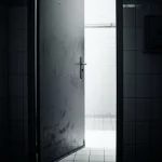 Fotografia stile film noir, 35mm, di una porta metallica di un obitorio o istituto medico leggermente socchiusa, con una luce fredda che filtra dall'interno creando lunghe ombre sul pavimento piastrellato, bianco e nero ad alto contrasto, profondità di campo ridotta che sfoca lo sfondo.