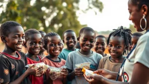 Gruppo di giovani adolescenti africane che partecipano attivamente a un programma nutrizionale comunitario all'aperto, alcune sorridono mentre ricevono pacchi di cibo fortificato o ascoltano un operatore sanitario. Scatto con obiettivo zoom 24-70mm, luce naturale del tardo pomeriggio, colori vividi e saturi, espressioni autentiche di speranza e coinvolgimento.