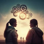 Immagine concettuale che mostra le sagome di un ragazzo e una ragazza adolescenti che guardano verso un orizzonte luminoso che simboleggia obiettivi a lungo termine, con ingranaggi stilizzati che rappresentano il perfezionismo e la grinta (grit). Stile fotorealistico, obiettivo 35mm, profondità di campo, colori caldi.