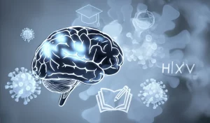 Immagine concettuale del cervello umano con aree illuminate che rappresentano l'attività cognitiva, sovrapposta a una rappresentazione stilizzata del virus HIV e simboli legati all'apprendimento (libro, matita). Obiettivo 35mm, duotono blu e grigio, profondità di campo per evidenziare le connessioni.
