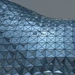 Lence Prime, 35 mm, profondità di campo, blu duotone e grigio, immagine concettuale che rappresenta l'analisi matematica di stress, stabilità e minimizzazione dell'energia all'interno di una complessa struttura del guscio elastico curvo. I modelli geometrici astratti si sovrappongono alla superficie del guscio.