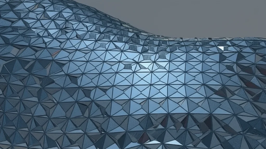 Lence Prime, 35 mm, profondità di campo, blu duotone e grigio, immagine concettuale che rappresenta l'analisi matematica di stress, stabilità e minimizzazione dell'energia all'interno di una complessa struttura del guscio elastico curvo. I modelli geometrici astratti si sovrappongono alla superficie del guscio.