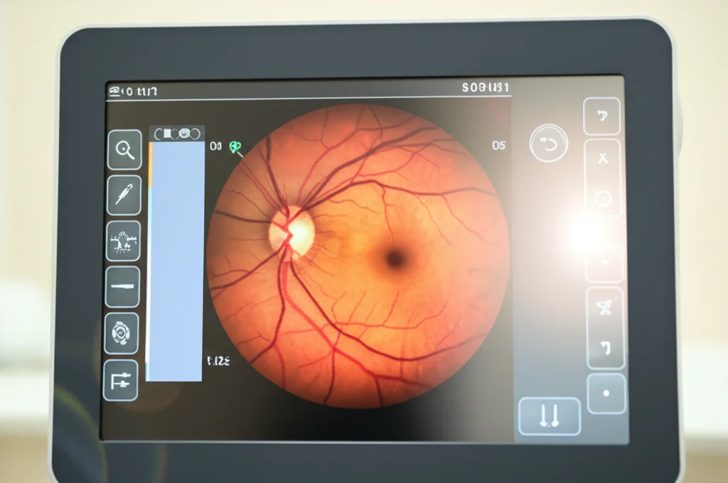 Primo piano, lente macro 85mm, alta definizione, messa a fuoco precisa, che mostra lo schermo di un moderno dispositivo oftalmologico (OCT o fundus camera) con una scansione dettagliata della retina (campo ultra-ampio) affetta da segni iniziali di retinopatia diabetica. Sulla superficie dello schermo si intravede un leggero riflesso dell'occhio di un paziente. Illuminazione controllata, ambiente clinico pulito.