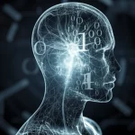Ritratto fotografico concettuale, 35mm, che mostra una silhouette umana trasparente con all'interno una fusione luminosa tra una rete neurale stilizzata e simboli logici astratti, effetto duotone blu e argento, profondità di campo ridotta per focalizzare sulla fusione interna.