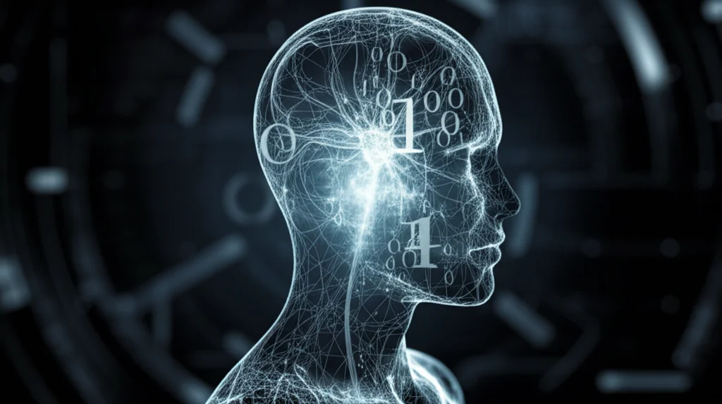 Ritratto fotografico concettuale, 35mm, che mostra una silhouette umana trasparente con all'interno una fusione luminosa tra una rete neurale stilizzata e simboli logici astratti, effetto duotone blu e argento, profondità di campo ridotta per focalizzare sulla fusione interna.