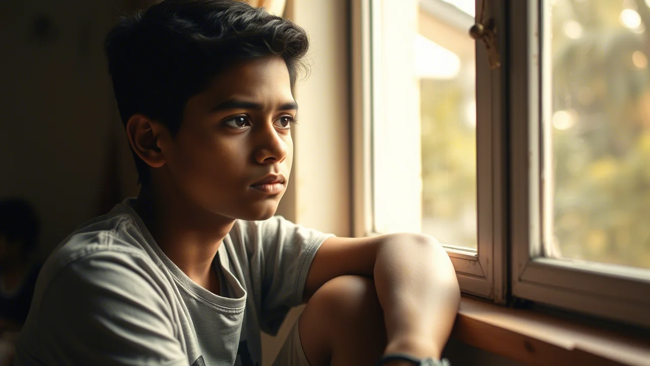 Ritratto fotografico di un adolescente pensieroso dello Sri Lanka, luce naturale che filtra da una finestra, obiettivo 35mm, profondità di campo, toni caldi e leggermente desaturati, che evoca riflessione e resilienza.