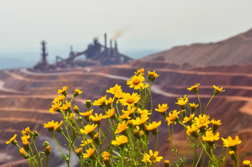 Scatto con obiettivo macro, 85mm, di fiori gialli di Guizotia scabra in primo piano, con sfondo sfocato che mostra strutture industriali di una miniera di rame distanti e leggermente avvolte nella foschia sotto un cielo coperto, illuminazione controllata che enfatizza i dettagli della pianta e suggerisce il contrasto tra natura e inquinamento industriale.