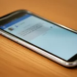 Smartphone appoggiato su un tavolo di legno mostra un messaggio di testo semplice e incoraggiante relativo a un appuntamento o a un servizio di trasporto, macro lens, 60mm, high detail, precise focusing, luce calda e naturale.