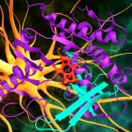 Visualizzazione 3D di un anticorpo monoclonale (Fepixnebart) che si lega a una proteina bersaglio (epiregulina) su uno sfondo astratto che rappresenta percorsi neurali del dolore, fotografia macro, 85mm, illuminazione controllata, alta definizione.