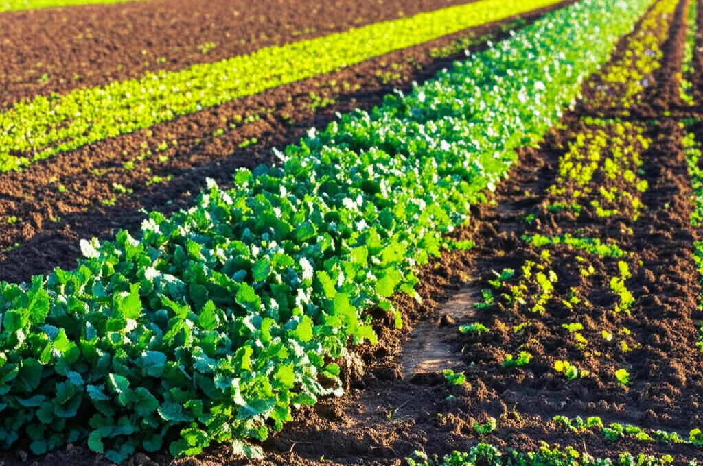 Campo agricolo con diverse colture di copertura (segale, trifoglio, colza) che crescono rigogliose in parcelle sperimentali, obiettivo macro 85mm, luce naturale controllata del tardo pomeriggio, alta definizione dei dettagli delle foglie e del suolo fertile sottostante.