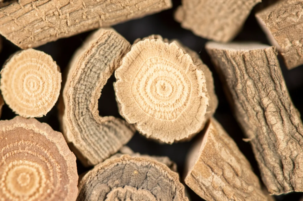 Fotografia macro di rizomi secchi di Alismatis Rhizoma, illuminazione controllata, alta definizione, 100mm macro lens, che mostra le differenze di texture e forma usate per l'identificazione con intelligenza artificiale.