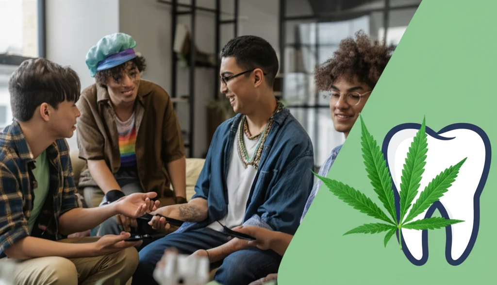 Gruppo diversificato di giovani 2SLGBTQI+ che discutono sorridendo in un ambiente informale e accogliente, simboleggiando la comunità e il supporto. Accanto, un'immagine stilizzata di un dente sano e una foglia di cannabis. Obiettivo 35mm, luce naturale, colori vivaci ma realistici. Fotografia di gruppo realistica.