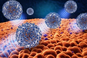 Illustrazione artistica e fotorealistica di nanoparticelle biomimetiche (sfere ricoperte da membrana cellulare stilizzata) che penetrano attivamente una barriera cellulare tumorale densa e complessa, con onde ultrasoniche bluastre visibili che facilitano il passaggio e creano micro-perturbazioni. Illuminazione high-tech focalizzata sull'interazione, dettagli microscopici evidenti, obiettivo macro 85mm, alta definizione.
