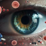 Immagine concettuale fotorealistica: un occhio umano in primo piano con sovrapposta una visualizzazione stilizzata ma dettagliata dei nervi corneali danneggiati (più radi e meno ramificati). Intorno all'occhio, simboli fluttuanti di obesità (cellule adipose ingrandite) e diabete (molecole di glucosio rosse) creano un collegamento visivo. Lente prime 50mm, profondità di campo ridotta per focalizzare sull'occhio e sui nervi, illuminazione drammatica ma chiara che evidenzia i dettagli.