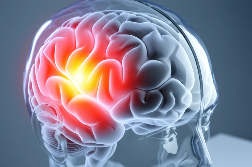 Immagine fotorealistica concettuale che mostra un fascio di luce nel vicino infrarosso (fNIRS) che illumina delicatamente un modello trasparente del cervello umano, evidenziando l'attività nella corteccia prefrontale. Sfondo neutro e pulito, stile high-tech ma accessibile. Obiettivo macro 60mm, illuminazione controllata per enfatizzare la luce che interagisce col cervello, alto dettaglio.
