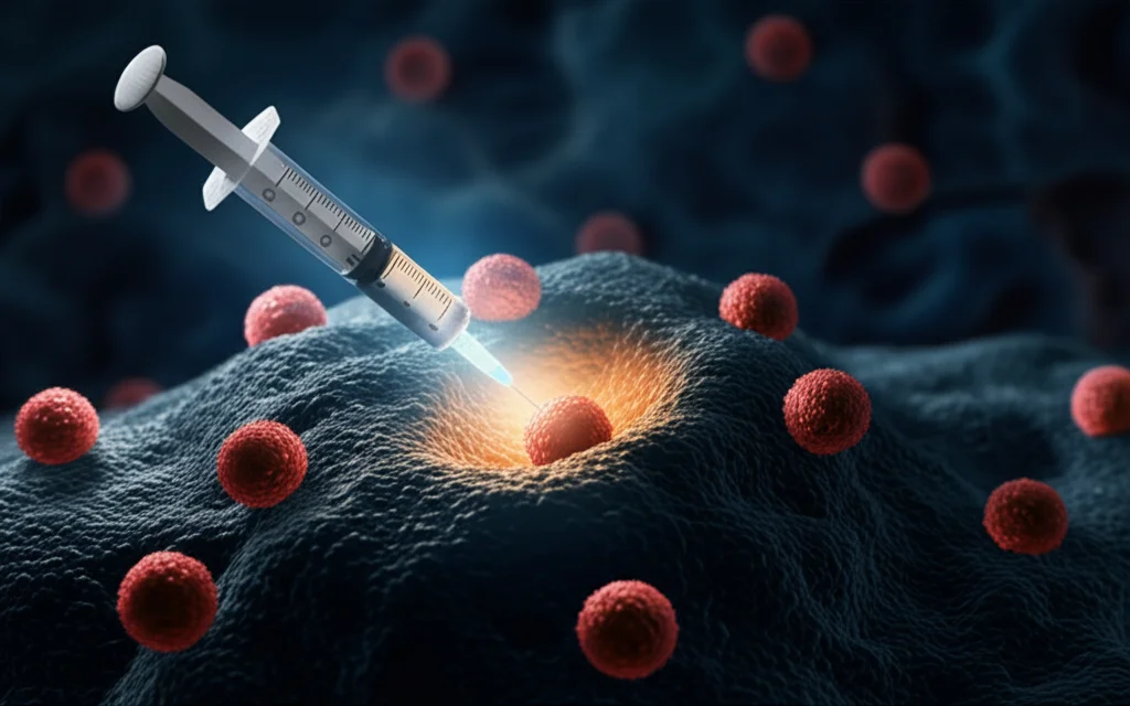 Immagine fotorealistica concettuale: una siringa stilizzata inietta un liquido luminoso (simbolo del vaccino/peptide) direttamente all'interno di una massa tumorale scura e complessa. Attorno alla massa, cellule T (sfere rosse brillanti) vengono attivate e iniziano ad attaccare. Stile macro, obiettivo 85mm, illuminazione drammatica con fasci di luce, alta definizione, sfondo astratto blu scuro che rappresenta il microambiente.