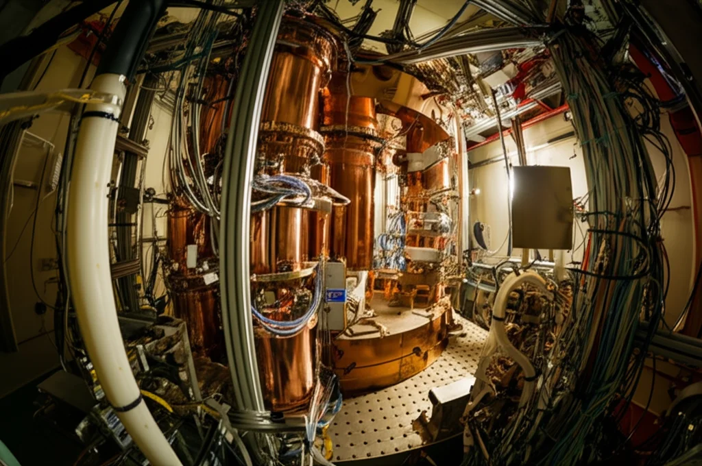 Immagine fotorealistica dell'interno high-tech di un esperimento di fisica dei neutrini (CONUS+) vicino a un reattore nucleare, con rivelatori al germanio circondati da uno scudo complesso di piombo e polietilene, illuminazione drammatica, obiettivo prime 35mm, profondità di campo, che evoca la ricerca scientifica e la sfida del rumore di fondo.