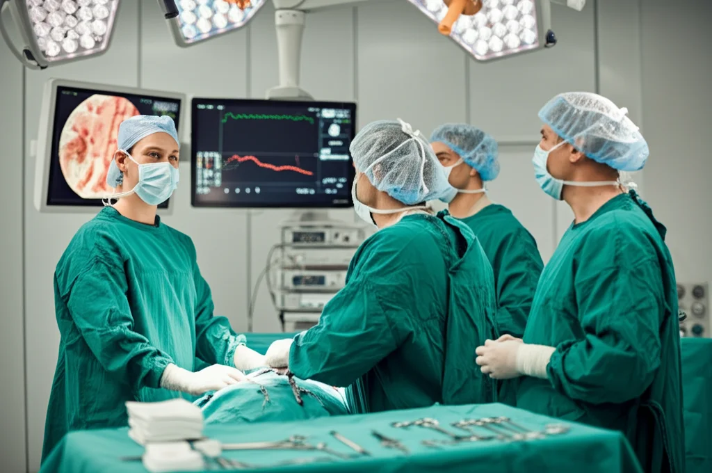 Immagine fotorealistica di un team chirurgico concentrato durante un'operazione complessa alla colonna vertebrale in una sala operatoria moderna. Focus sui monitor che mostrano parametri vitali, inclusa la diuresi oraria. Obiettivo zoom 24-70mm, profondità di campo che mantiene a fuoco il tavolo operatorio e i monitor, illuminazione tipica da sala operatoria, chiara e funzionale.