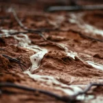 Immagine fotorealistica di un terreno loess parzialmente saturo che inizia a mostrare segni di instabilità e flusso, 35mm prime lens, profondità di campo che sfoca lo sfondo, illuminazione naturale drammatica che evidenzia l'umidità nel terreno e la potenziale liquefazione.