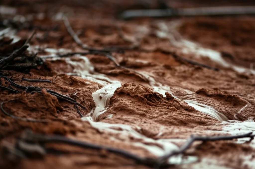 Immagine fotorealistica di un terreno loess parzialmente saturo che inizia a mostrare segni di instabilità e flusso, 35mm prime lens, profondità di campo che sfoca lo sfondo, illuminazione naturale drammatica che evidenzia l'umidità nel terreno e la potenziale liquefazione.