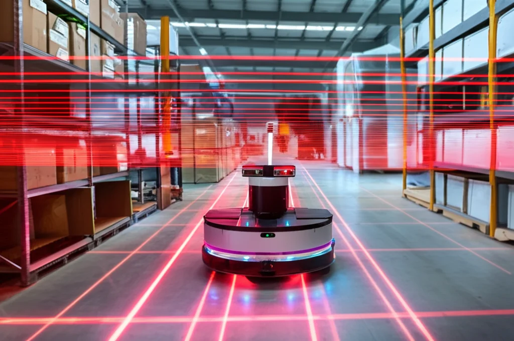 Immagine fotorealistica di un veicolo a guida autonoma (AGV) che naviga in un ambiente industriale complesso e dinamico, illuminato da fasci laser rossi stilizzati emessi dal suo sensore LiDAR. Teleobiettivo 200mm, tracciamento del movimento, alta definizione.
