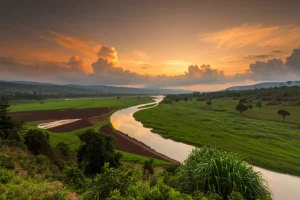 Paesaggio ampio della Kilombero Valley, Tanzania, al tramonto. Il fiume Kilombero serpeggia tra campi verdi coltivati con la tecnica dell'agricoltura di recessione su terreni scuri e umidi. Colori caldi e intensi del cielo al tramonto riflessi sull'acqua. Obiettivo grandangolare 18mm, lunga esposizione per rendere l'acqua del fiume liscia come seta, messa a fuoco nitida sull'intero paesaggio, alta gamma dinamica.