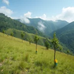 Paesaggio fotorealistico, lente da 15 mm ad angolo largo, focus acuto, raffigurante un progetto di restauro della foresta in fase iniziale su un pendio di montagna soleggiato ma leggermente nebuloso a Hong Kong. Numerose giovani piantine di alberi nativi in ​​guardie blu e gialle punteggiano le praterie in fase di recupero. Mostra sia la sfida ambientale che l'intervento umano.