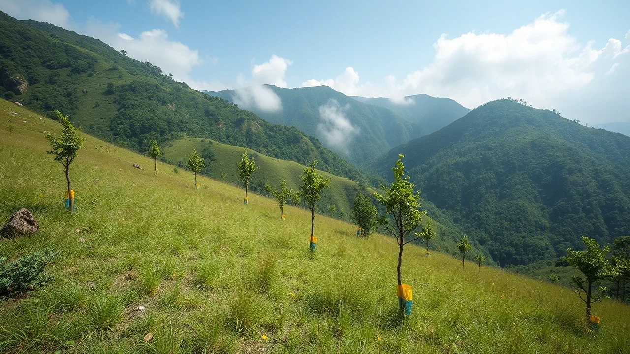Paesaggio fotorealistico, lente da 15 mm ad angolo largo, focus acuto, raffigurante un progetto di restauro della foresta in fase iniziale su un pendio di montagna soleggiato ma leggermente nebuloso a Hong Kong. Numerose giovani piantine di alberi nativi in ​​guardie blu e gialle punteggiano le praterie in fase di recupero. Mostra sia la sfida ambientale che l'intervento umano.
