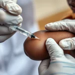 Primo piano del braccio di un bambino piccolo della Sierra Leone che riceve una vaccinazione da un operatore sanitario con guanti. Macro lens, 100mm, alta definizione, messa a fuoco precisa sulla siringa e sulla pelle, illuminazione controllata ma dall'aspetto realistico sul campo.