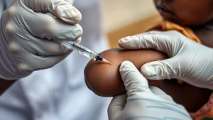 Primo piano del braccio di un bambino piccolo della Sierra Leone che riceve una vaccinazione da un operatore sanitario con guanti. Macro lens, 100mm, alta definizione, messa a fuoco precisa sulla siringa e sulla pelle, illuminazione controllata ma dall'aspetto realistico sul campo.