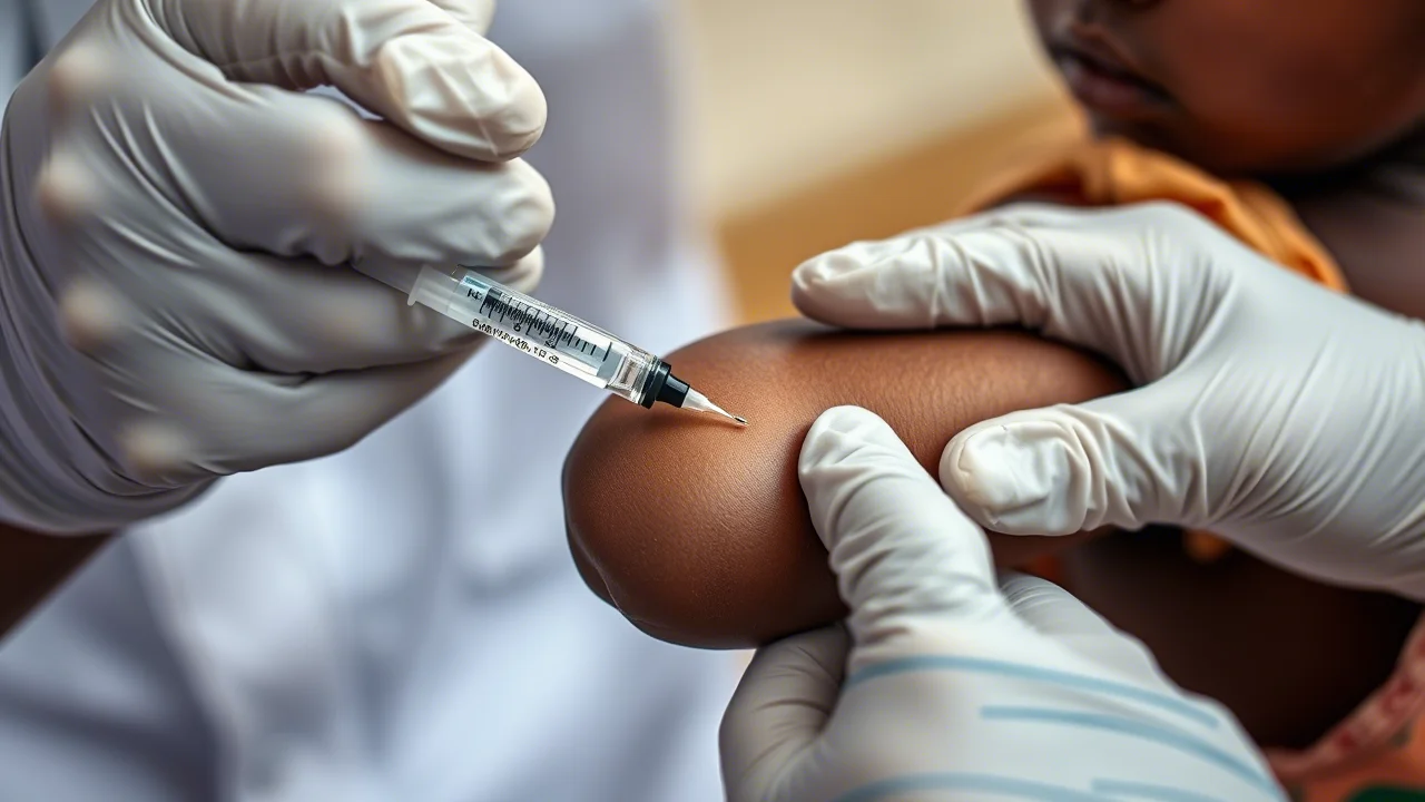 Primo piano del braccio di un bambino piccolo della Sierra Leone che riceve una vaccinazione da un operatore sanitario con guanti. Macro lens, 100mm, alta definizione, messa a fuoco precisa sulla siringa e sulla pelle, illuminazione controllata ma dall'aspetto realistico sul campo.