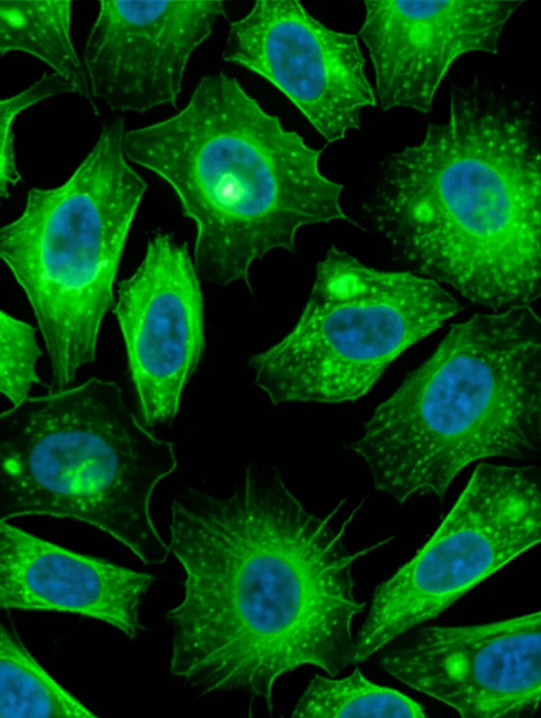Primo piano di cellule fibroblastiche umane in coltura osservate al microscopio a fluorescenza. Alcune cellule mostrano segnali luminosi verdi intensi (indicanti alta espressione di CPT1A e quindi alta FAO) su uno sfondo di cellule con segnale debole (bassa FAO, condizione fibrotica). Lente macro, 105mm, alta definizione, illuminazione controllata per evidenziare i segnali fluorescenti, contesto di ricerca sulla fibrosi cutanea e metabolismo cellulare.