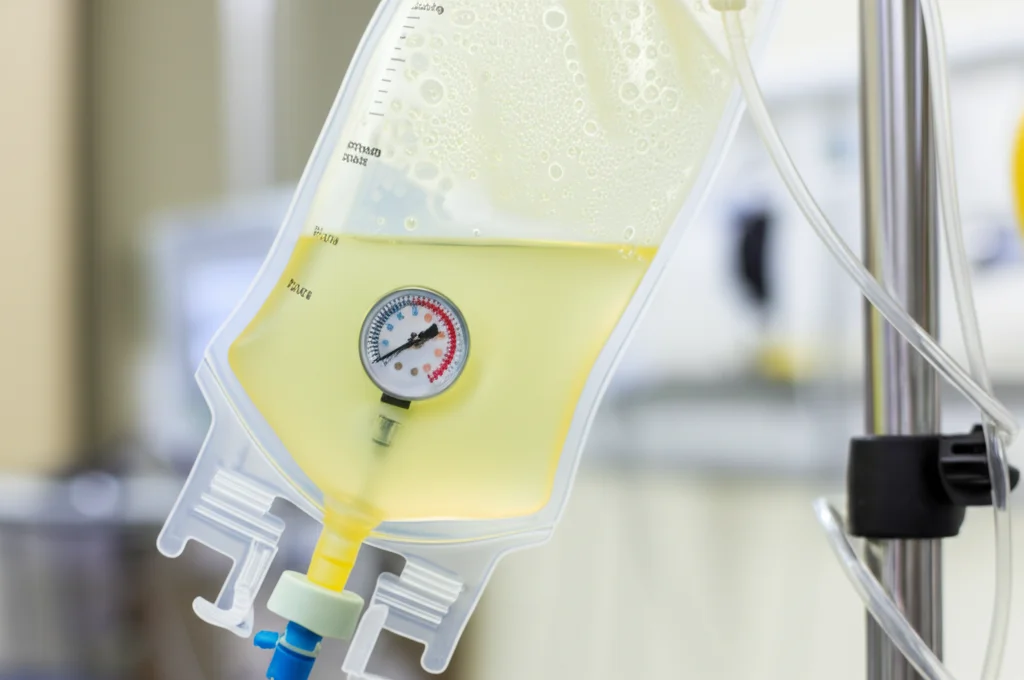Primo piano di una sacca a pressione medica (tipo INFU-SURG) gonfia attorno a una sacca di liquido per irrigazione da 1 litro, appesa a un'asta porta flebo in un ambiente clinico luminoso. L'indicatore di pressione sulla sacca è chiaramente visibile. Obiettivo macro 90mm, alta definizione, messa a fuoco precisa sull'indicatore e sulla texture della sacca, illuminazione controllata laterale per creare profondità.