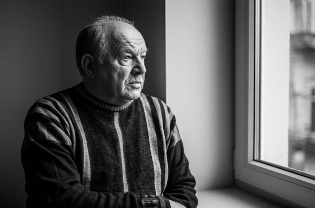 Ritratto fotografico di un uomo anziano con espressione pensierosa seduto vicino a una finestra, simboleggiando le sfide delle malattie respiratorie croniche (asma, BPCO, TB) e la potenziale perdita muscolare associata (sarcopenia), obiettivo 35mm, bianco e nero, profondità di campo.