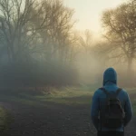 Una persona vista di spalle che cammina su un sentiero che si biforca in più direzioni in un bosco nebbioso all'alba. Simboleggia la scelta del proprio percorso nella gestione della salute mentale e nell'uso dei farmaci. Obiettivo 35mm, profondità di campo che mantiene a fuoco la persona e il bivio sfocando leggermente lo sfondo, luce soffusa e atmosferica dell'alba tra gli alberi.