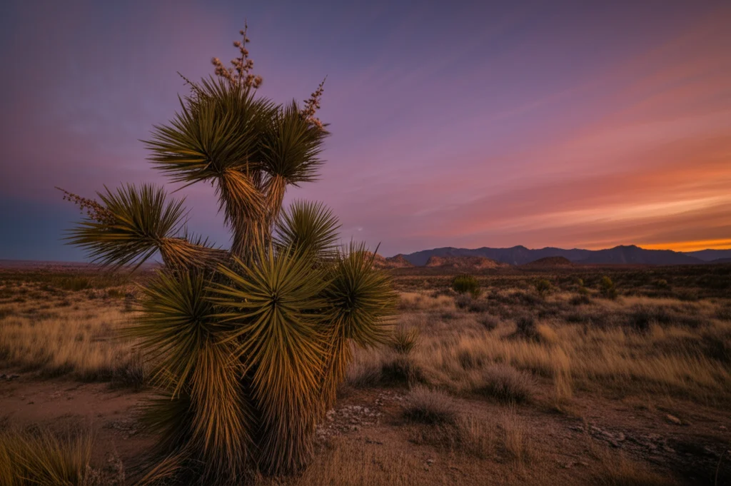 Veduta panoramica del paesaggio desertico del New Mexico al tramonto, con montagne rocciose in lontananza e yucca in primo piano, cielo con sfumature arancioni e viola, evocando il contesto geografico e culturale delle comunità Nativi Americani. Obiettivo grandangolare 18mm, lunga esposizione per cielo setoso, focus nitido sul paesaggio.