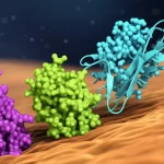 Visualizzazione 3D artistica e fotorealistica della proteina FGF10 che interagisce con recettori sulla membrana cellulare, evidenziando la differenza tra la forma instabile e quella stabile (STAB). Illuminazione drammatica, profondità di campo, focale 35mm.