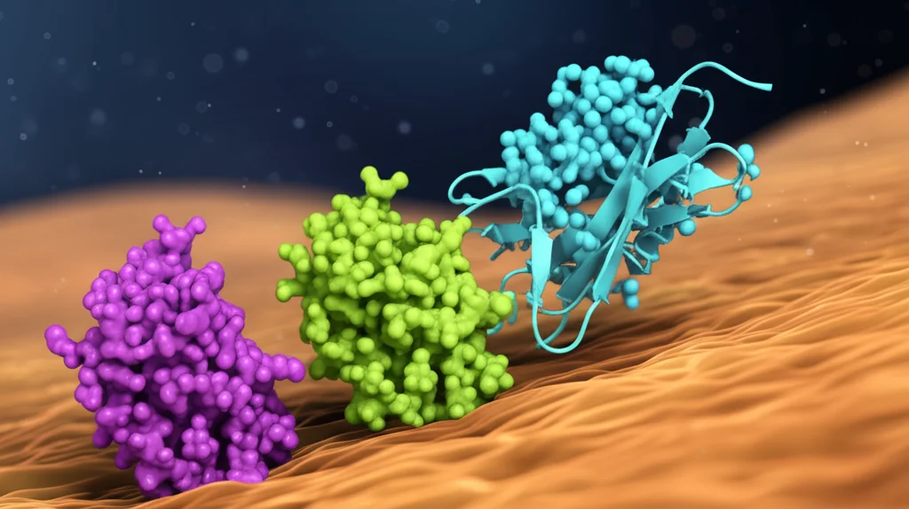 Visualizzazione 3D artistica e fotorealistica della proteina FGF10 che interagisce con recettori sulla membrana cellulare, evidenziando la differenza tra la forma instabile e quella stabile (STAB). Illuminazione drammatica, profondità di campo, focale 35mm.