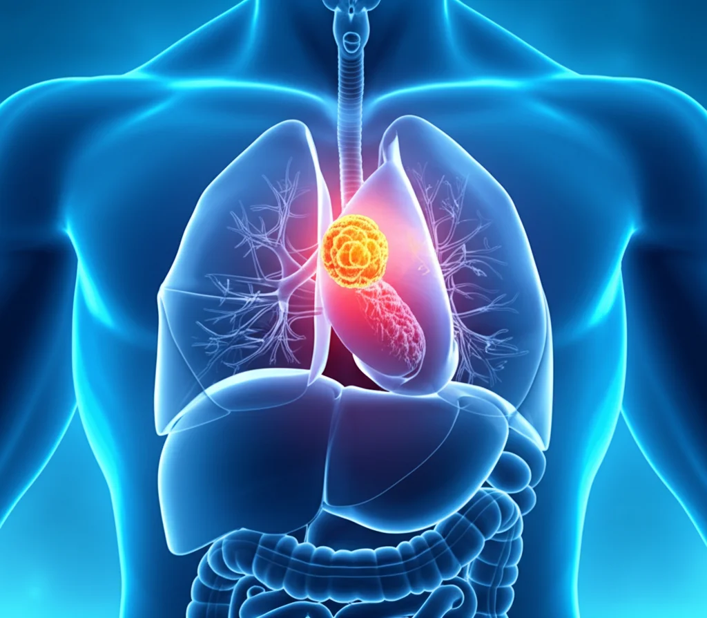 Visualizzazione 3D del torace umano che evidenzia la posizione del timo e un tumore timico, rendering medico fotorealistico ad alta definizione, illuminazione drammatica per enfatizzare l'area di interesse.