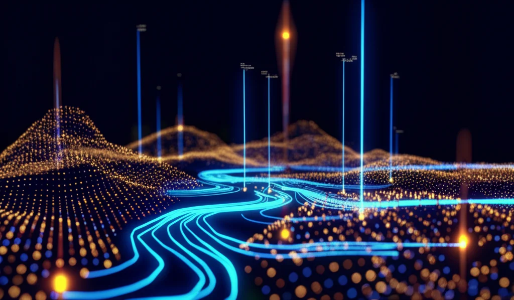 Visualizzazione astratta e fotorealistica di un algoritmo avanzato (QHIPFA) che naviga un complesso paesaggio energetico digitale tridimensionale, con percorsi luminosi blu (esplorazione SSA) che si diramano e punti focali arancioni intensi (sfruttamento QI) che convergono verso il minimo globale. Wide-angle lens, 18mm, sharp focus, long exposure trails, stile high-tech.